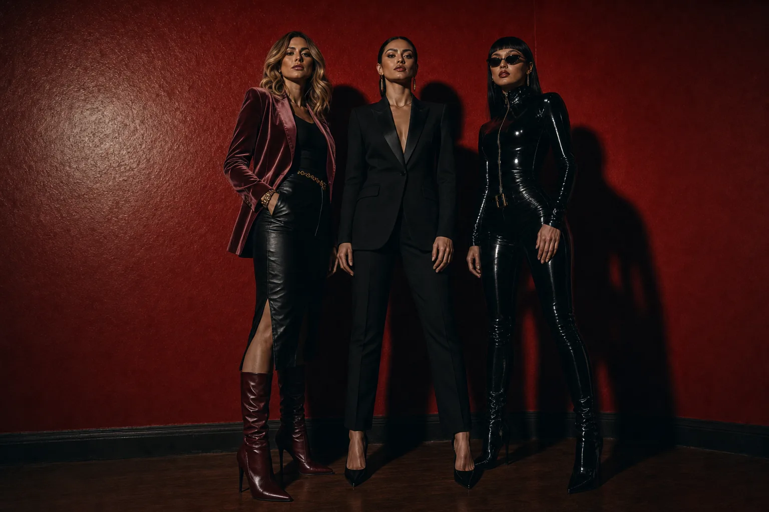 AI-generated editorial photo of the studio trio standing forward in a confident launch pose against the crimson wall, left member with blonde hair and visible face