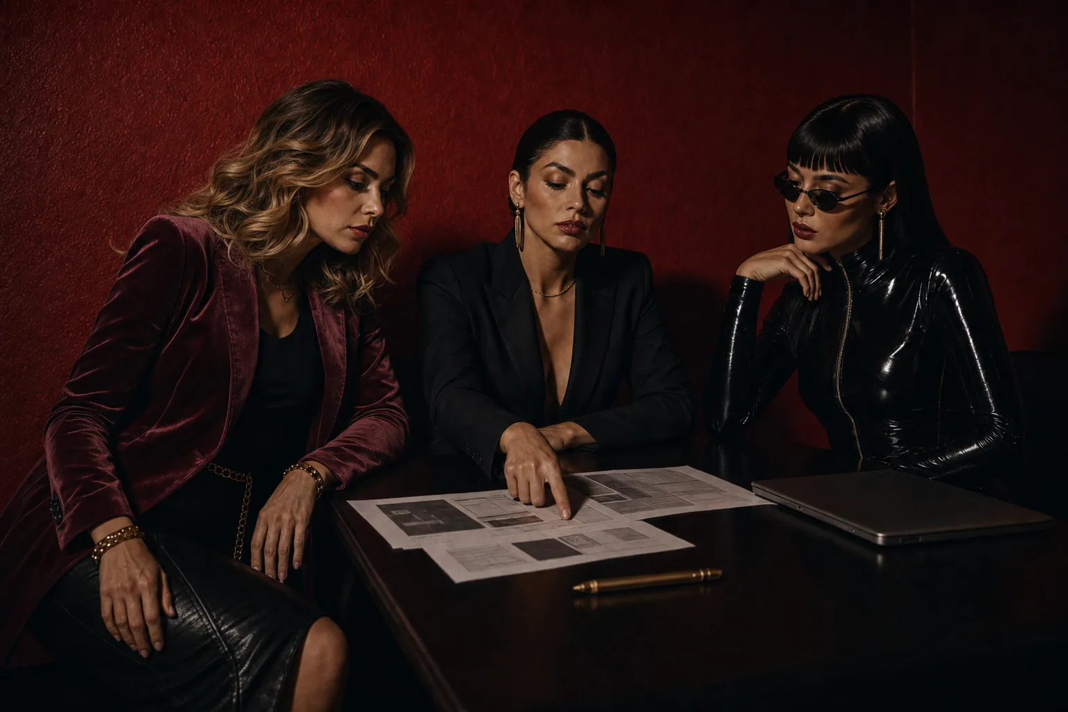 AI-generated editorial photo of the studio trio reviewing strategy documents at a low table against a crimson wall, left member with blonde hair and visible face