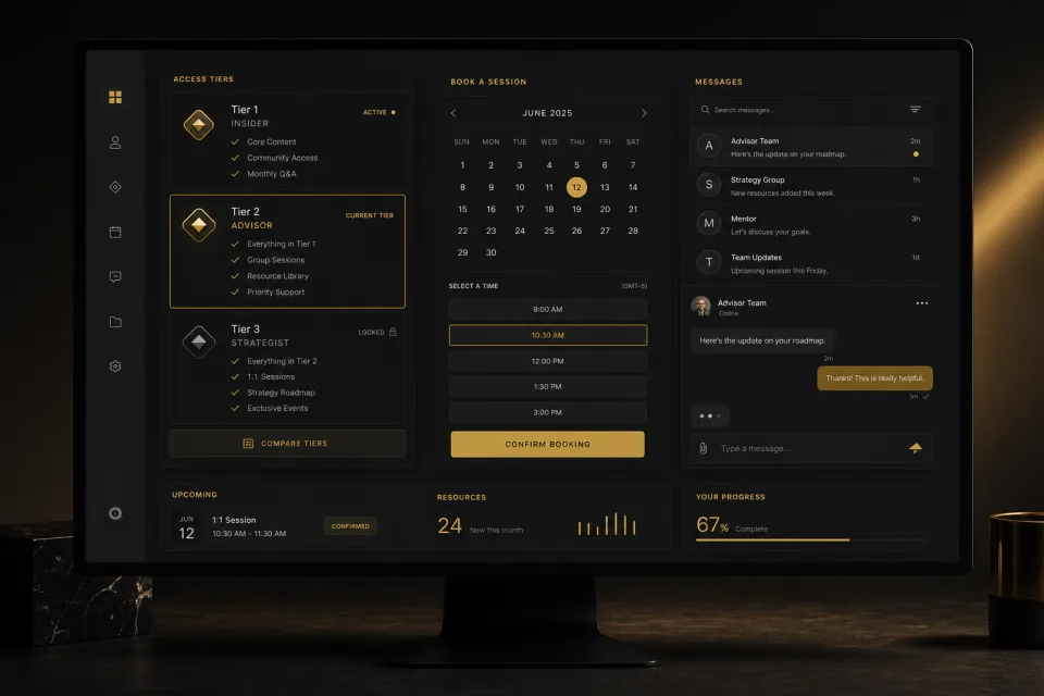 Noir UI mockup of a membership platform with tiered access and session booking for a dominatrix