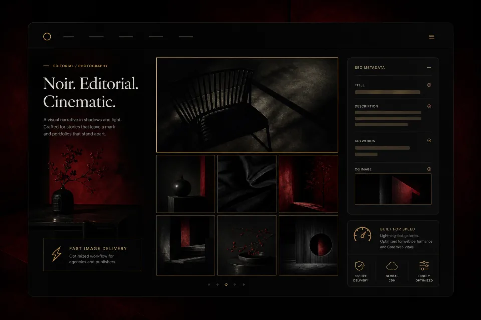 Noir UI mockup of a cinematic dominatrix portfolio gallery with SEO structure